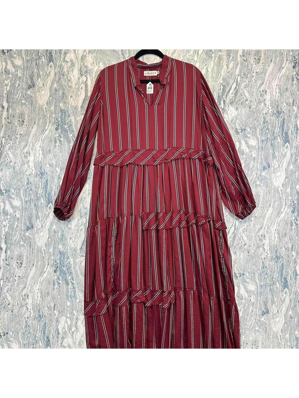 Boho Cottage Lagenlook Maroon Striped Tiered Maxi Dress (M)